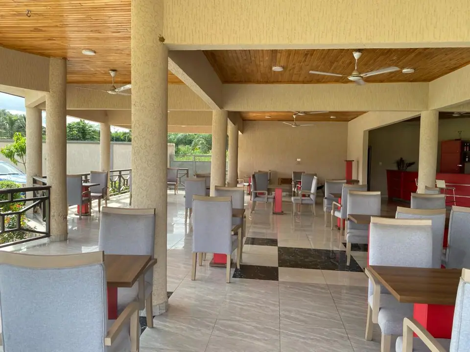 Covered terrace dining area of the restaurant